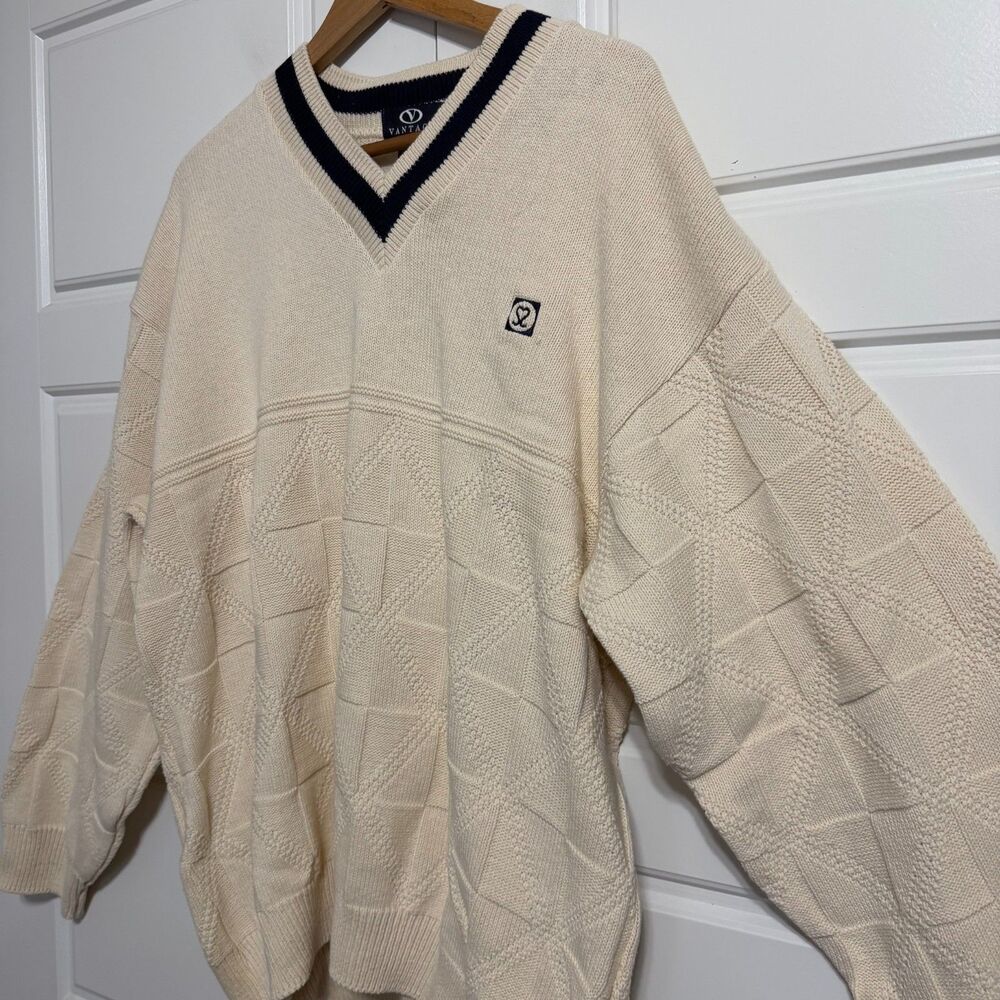 Vantage Vintage Cable Knit Sweater Mens XL Cream V Neck‎ Golf Tennis 90s - Picture 5 of 7